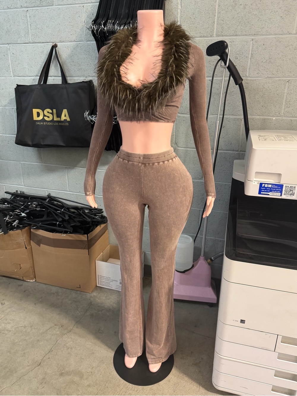 Faux-Fur Trim Washed Brown Flare Pants Set